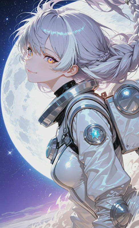 Anime-style female astronaut with white hair in a silver spacesuit against the moon and starry sky.