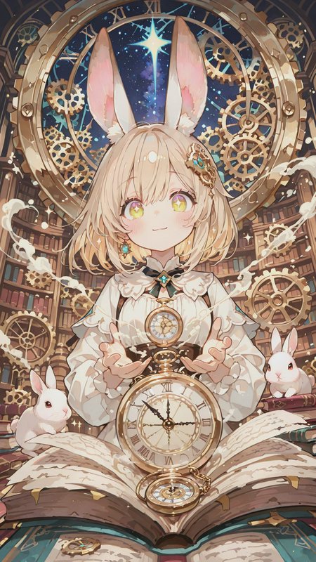 Anime bunny-girl with clockwork gears and a large open book in a steampunk library.