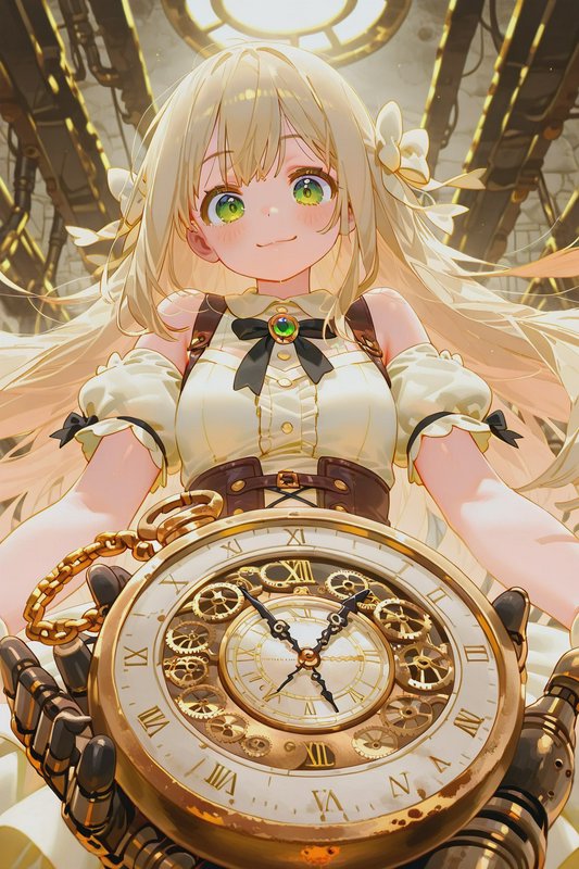 Anime-style girl with long blonde hair and green eyes holding a large ornate pocket watch.