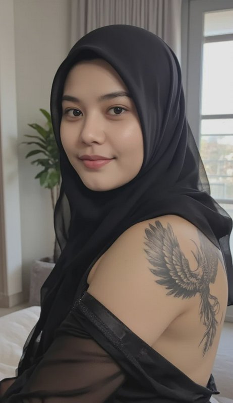 Portrait of a woman in a black hijab showing a wing tattoo on her shoulder