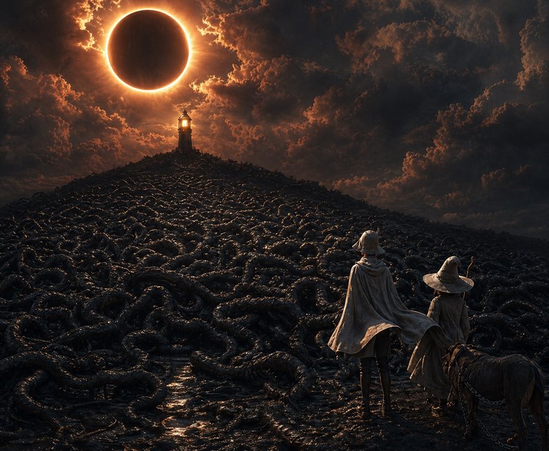 Lighthouse on a chain-covered hill beneath a solar eclipse, with two cloaked figures and a horse ...