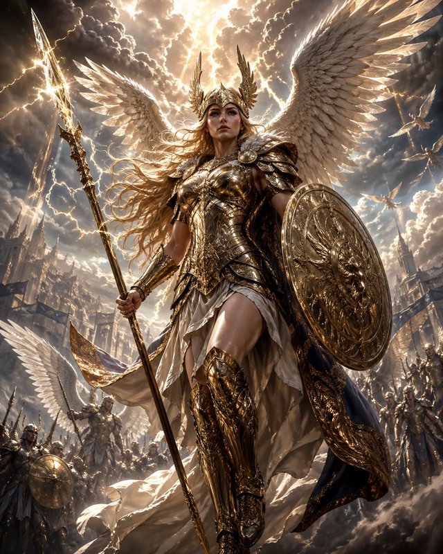 Angelic warrior in ornate gold armor with wings, holding a spear and shield.