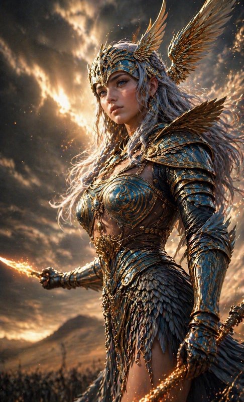 Fantasy warrior woman in ornate gold armor with wings and glowing sword, dramatic skies.