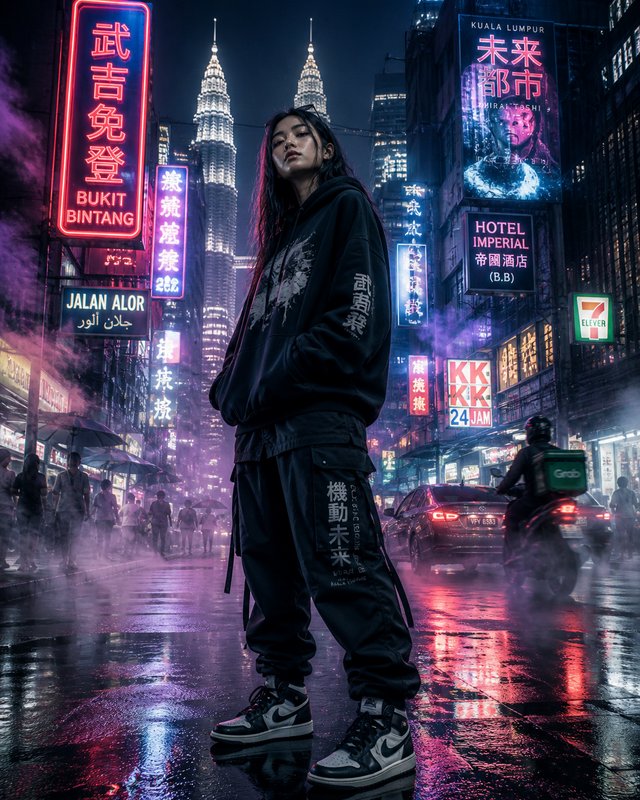 A streetwear-clad model stands in a neon-lit, rainy city street with reflections on the wet pavem...