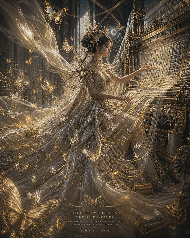 Gold-dressed duchess in a silk-weave gown surrounded by butterflies in a gilded, ornate chamber.