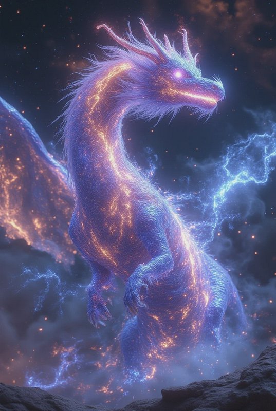 Neon-lit dragon with luminous blue and orange scales, glowing in a cosmic night sky.