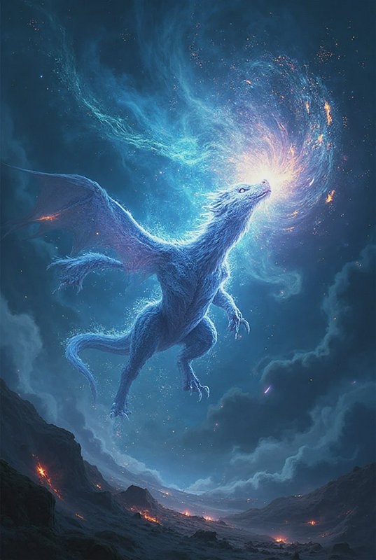 Blue dragon soaring above a rugged volcanic landscape releasing bright magical energy