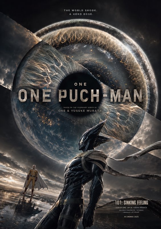 Epic sci-fi poster for One Punch Man with a colossal cosmic eye, armored hero, and dramatic foreg...