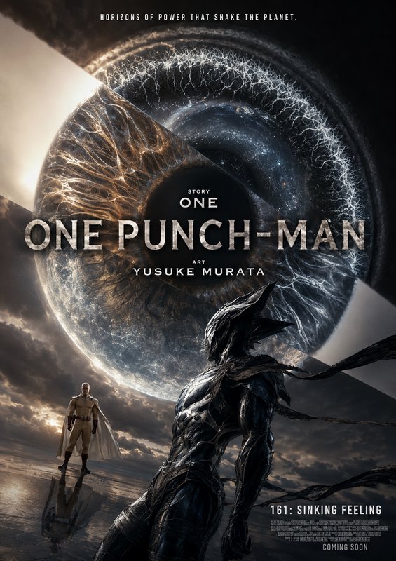 Dark, armored creature faces a lone hero with a cosmic vortex backdrop on a dramatic poster.