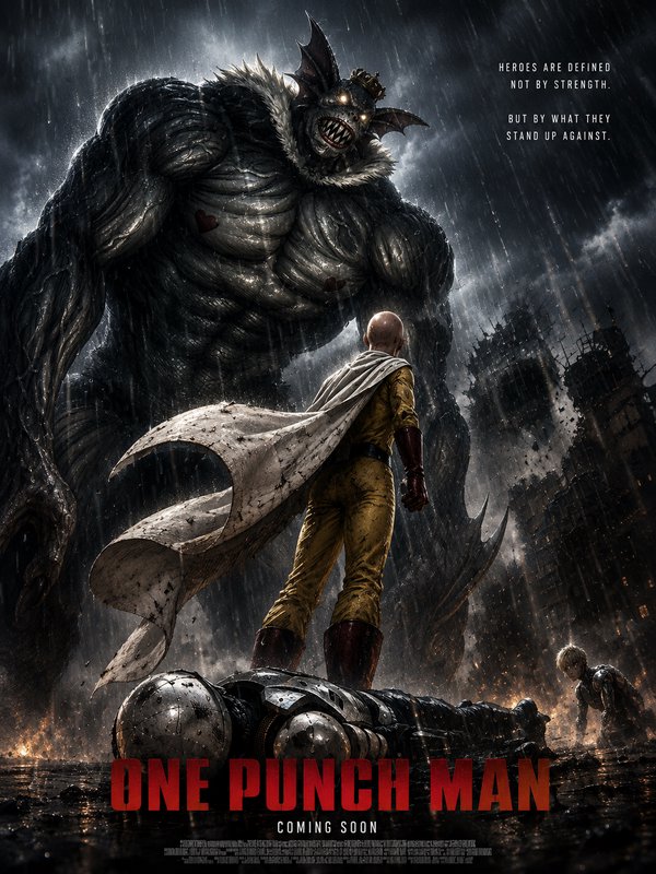 A colossal monster confronts a lone, caped hero in a rain-soaked, ruined cityscape.