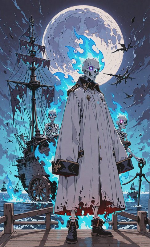 Skeleton pirate in a long coat with blue flames around his head stands on a wooden dock as a ghos...