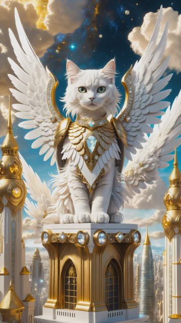 White cat with golden winged armor standing atop a glowing pedestal in a fantasy city.