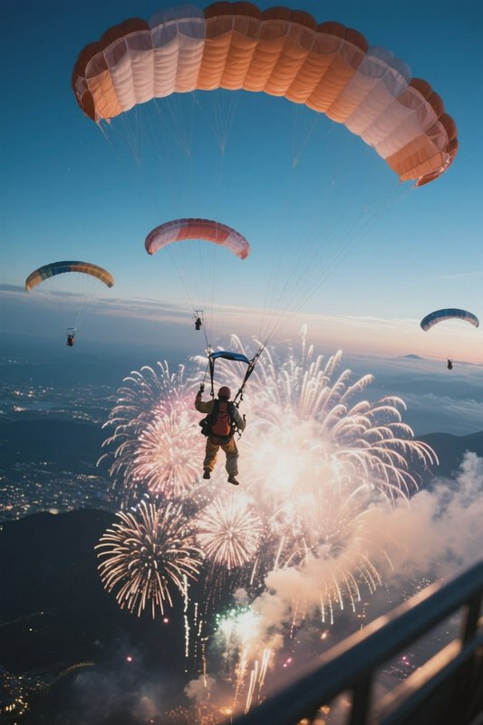 Paraglider under a colorful canopy above fireworks over a city at dusk.