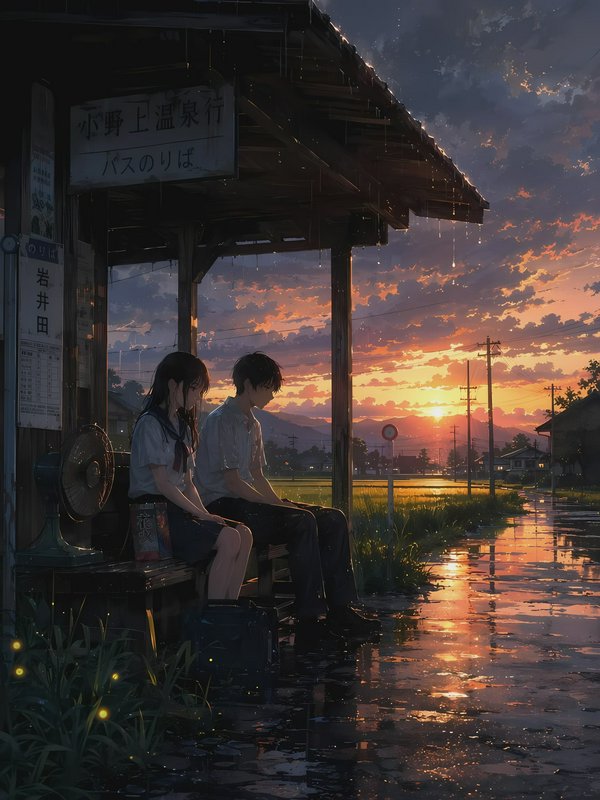 Two students in school uniforms sit at a rain-washed rural bus stop at sunset.