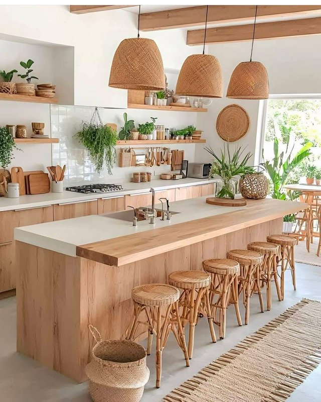Bright kitchen with wood island, woven stools, hanging wicker lights and plenty of plants.