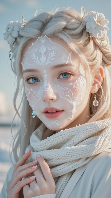 Young woman with intricate white lace-inspired face paint, blue eyes, and floral headpiece.