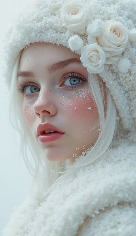Portrait of a woman with pale skin and blue eyes wearing a snowy hood and white roses
