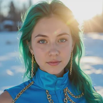Woman with turquoise hair wearing a blue top and gold chains outdoors in sunlight.