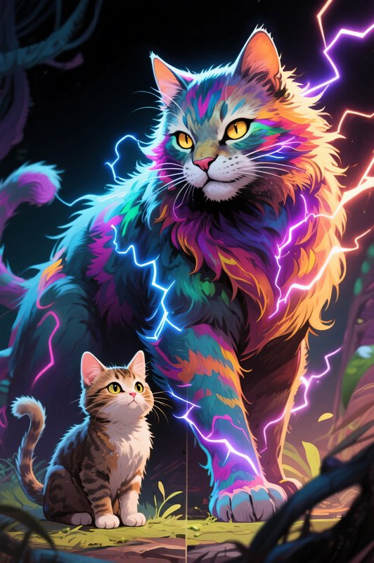 Two neon-lit fantasy cats, a large electric-colored feline beside a curious kitten.