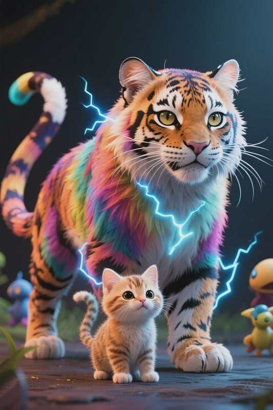 Colorful tiger with a small orange tabby kitten, glowing blue lightning accents.