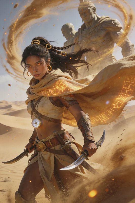 Desert warrior woman in beige robes with twin curved daggers amid swirling sand and stone statues...