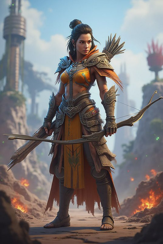 Female fantasy warrior archer in ornate armor holding a bow on a fiery battlefield.