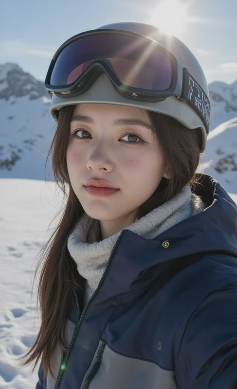 Young woman in a ski helmet and mirrored goggles in a snowy mountain landscape.