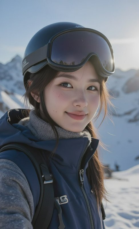 Woman in a ski helmet and goggles in a snowy mountain landscape