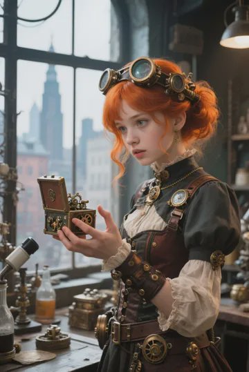 Steampunk woman with orange hair and goggles examining a vintage ornate box in a workshop.