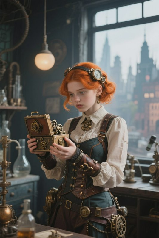 Young woman in steampunk attire examining a vintage brass camera in a gear-filled workshop.