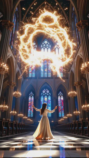 A woman in a flowing white dress stands in a gothic cathedral with a bright fiery ring hovering a...