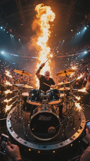 Drummer on a circular stage with a dramatic flame burst rising behind him during a rock concert.