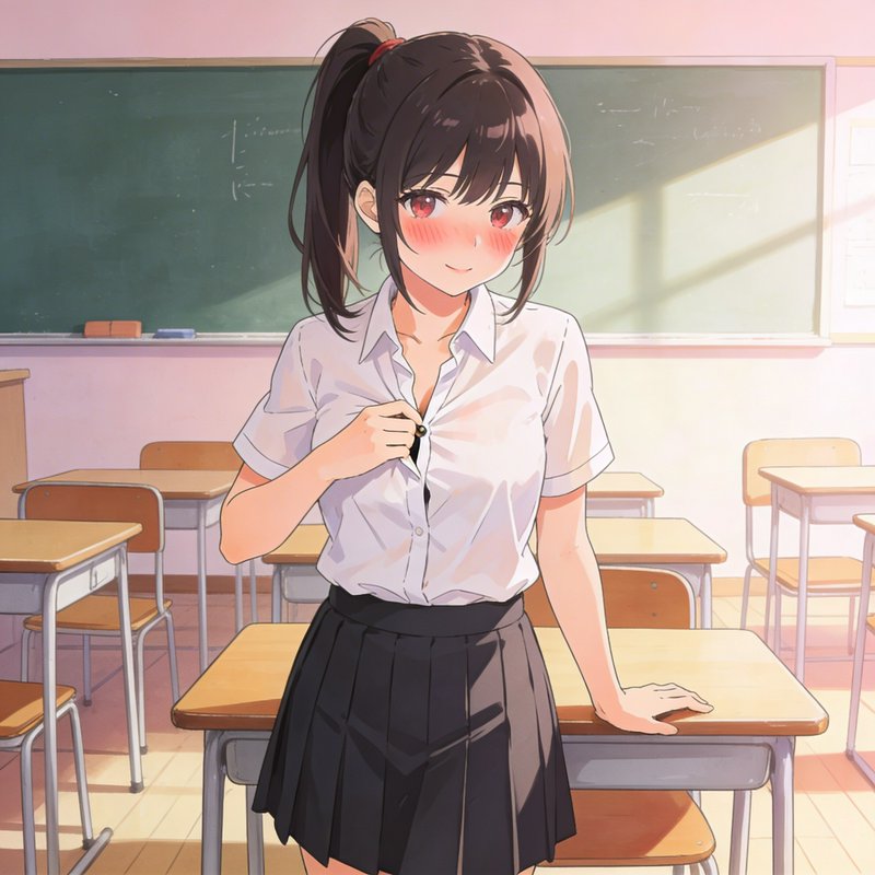 Young anime girl student in a white blouse and black skirt in a sunlit classroom.