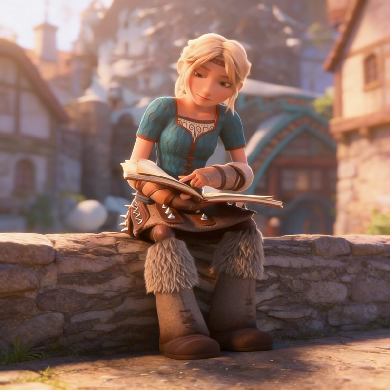Animated female fantasy character sitting on a stone wall reading a book in a medieval village.