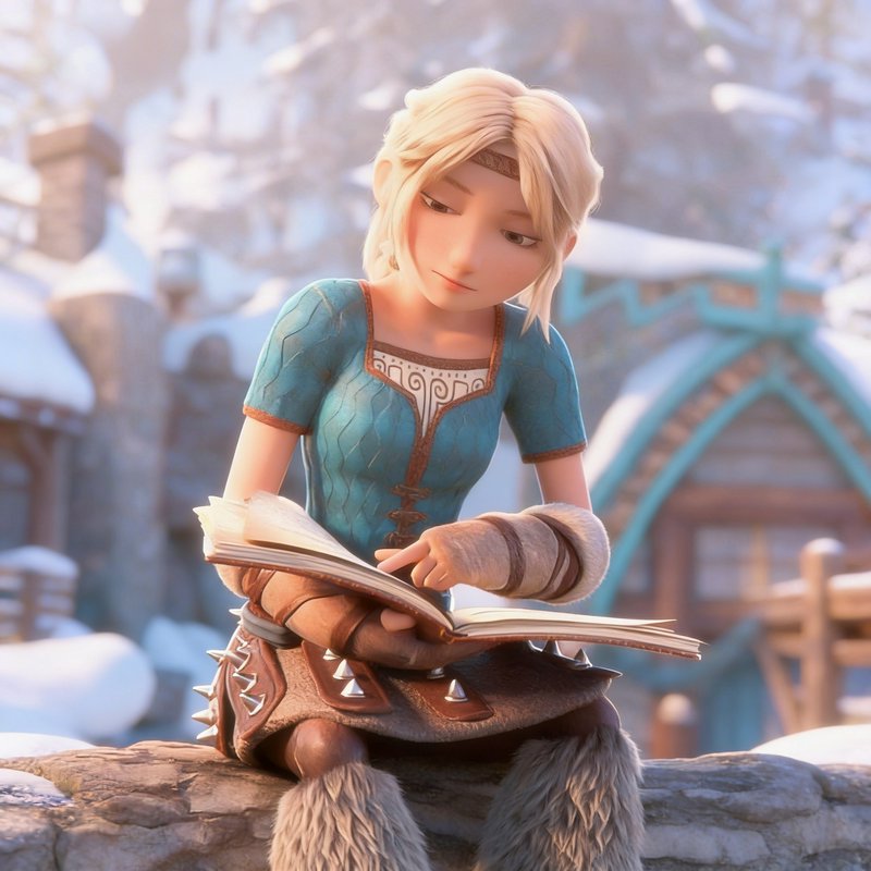 Blonde fantasy character reading a book in a snowy village