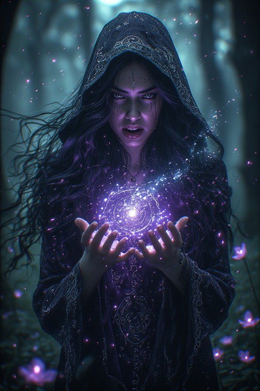 Hooded mystic woman conjuring a glowing purple orb in a dark forest.