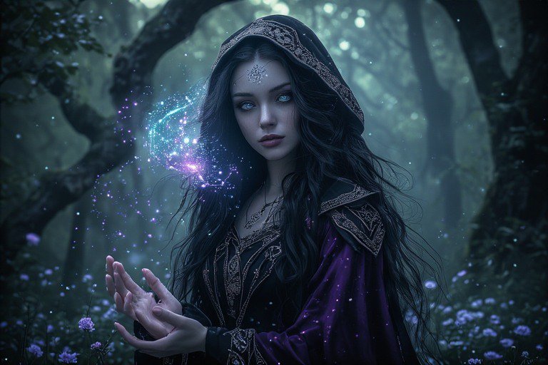 A mystical woman in a hooded purple cloak emits magical sparkling energy in a moonlit forest.