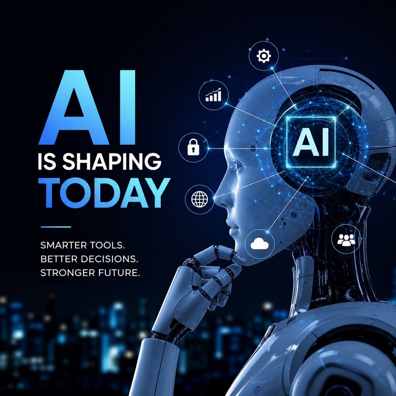 Futuristic AI humanoid robot head with glowing blue AI icon and network graphics.