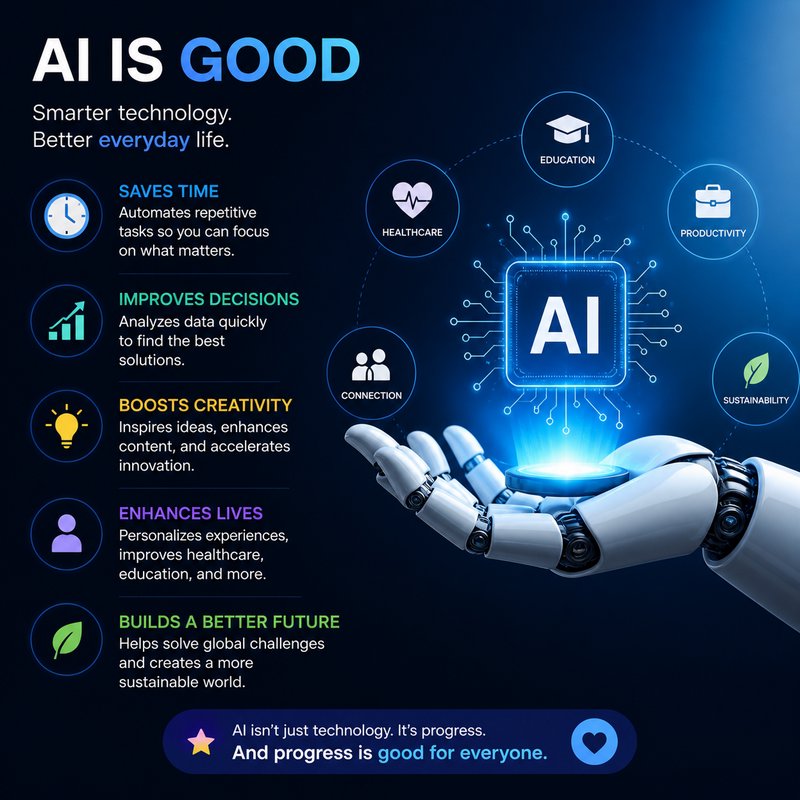 Robotic hands hold a glowing AI chip with circular icons for education, healthcare, productivity,...