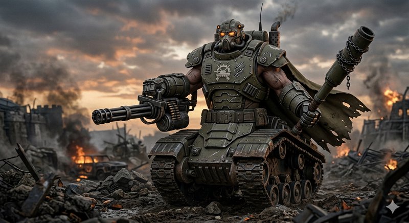 Dieselpunk armored mech tank in a ruined battlefield with a massive cannon.
