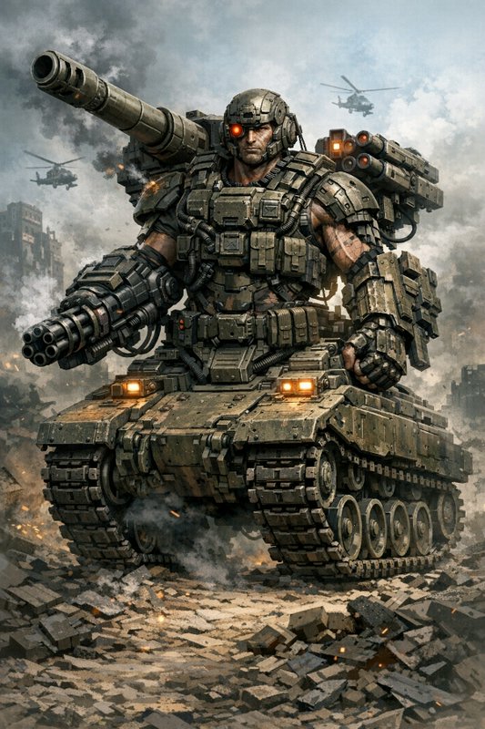 Heavy futuristic tank with an armored soldier and oversized cannon in a war-torn rubble field.