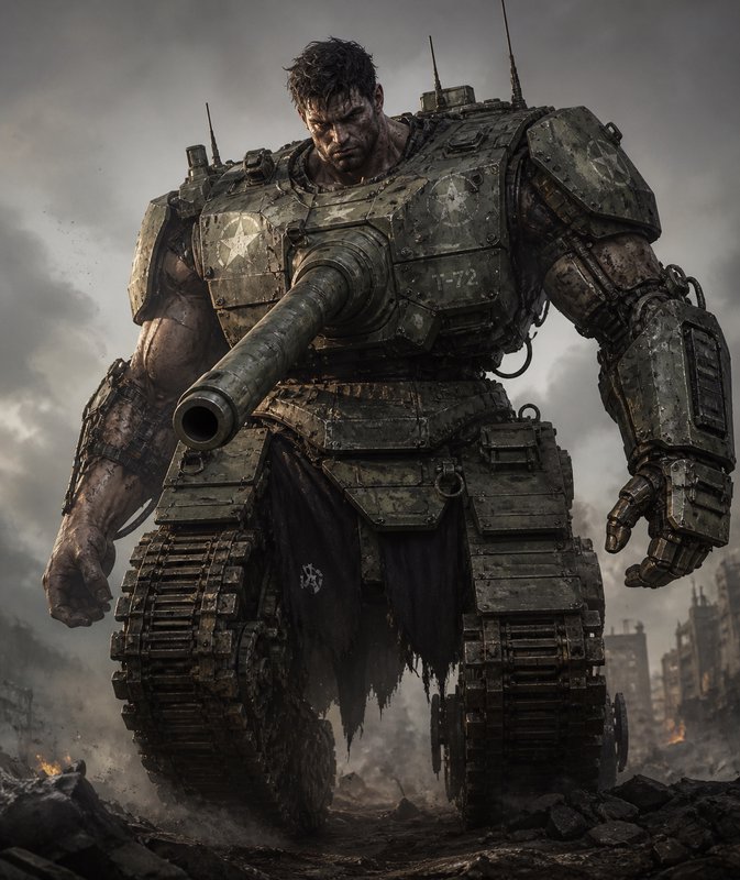 A colossal armored battle mecha with a giant cannon, stepping through a smoky, ruined battlefield.