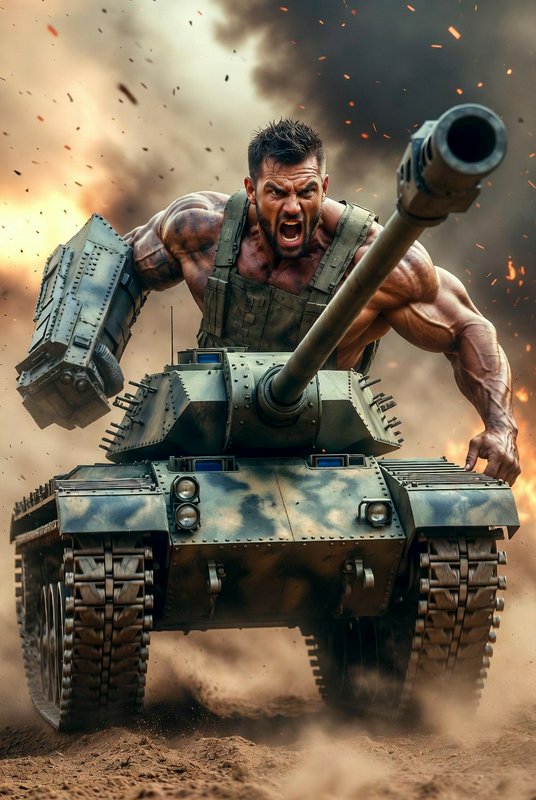 Muscular soldier on a battle tank charging forward with a massive cannon.