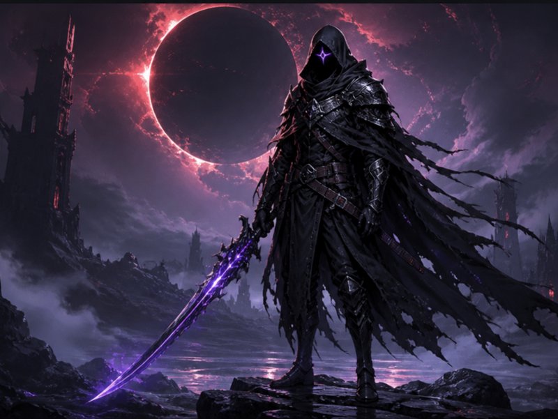 A dark hooded warrior in jagged armor stands with a glowing purple sword against an eclipse and r...