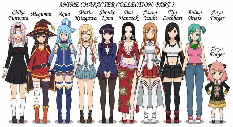 Labeled crossover fanart lineup of 10 iconic female anime characters, Part 3 of a fan-made anime ...