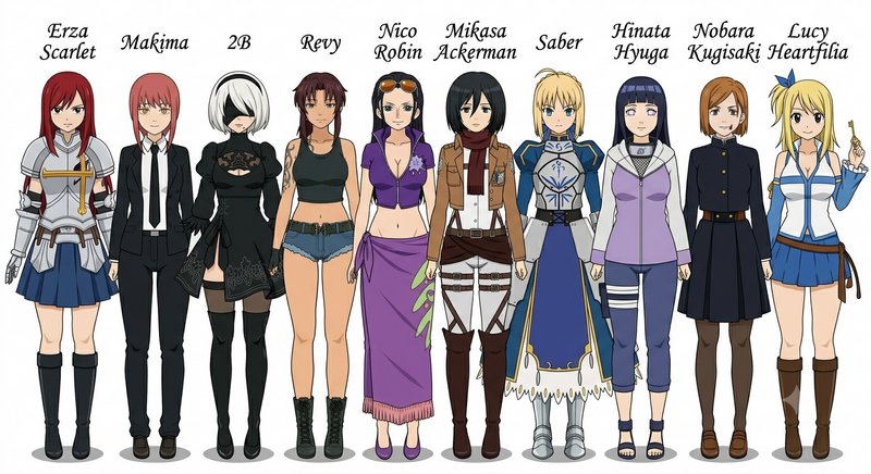 "Full-body lineup of 10 iconic labeled anime and manga female characters, drawn