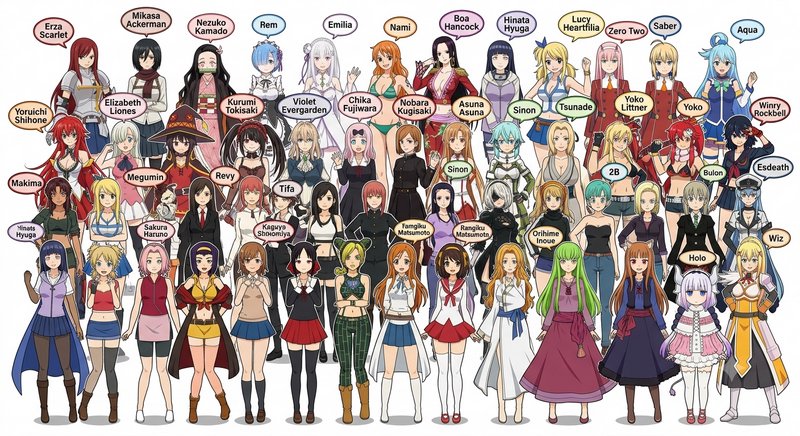 Group illustration of iconic labeled female anime characters from hit Japanese anime/manga series...