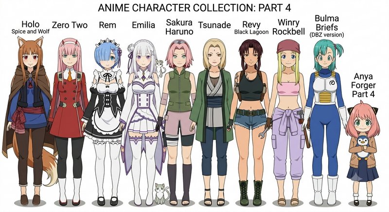Labeled lineup of 10 popular female anime characters from hit series, titled Anime Character Coll...