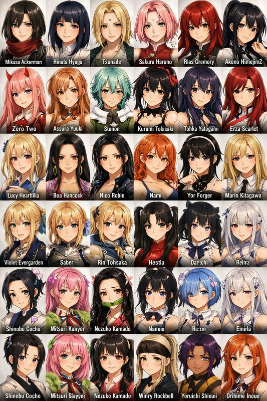 "Grid of 36 labeled popular anime female characters from hit global franchises, rendered in a uni...