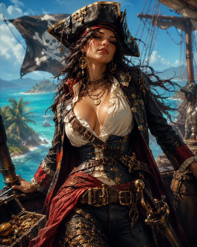 Confident female pirate captain stands on ship deck, Jolly Roger flag flying behind a sunny tropi...